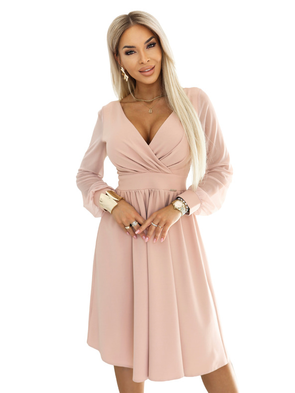 numoco Rochie midi elegantă cu decolteu tip eșarfă și mâneci din tul - bej