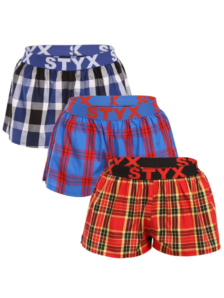 Styx Set de trei pantaloni scurți în carouri pentru femei, în albastru închis, albastru și roșu Styx