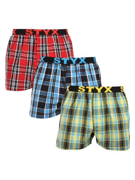 Styx Set de trei pantaloni scurți bărbătești cu carouri în verde deschis, albastru și roșu STYX