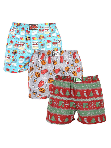 Styx Set de trei pantaloni scurți bărbătești cu model în albastru deschis, gri și roșu STYX