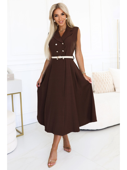 numoco Rochie midi elegantă tip cămașă cu nasturi aurii și centură - culoare ciocolată