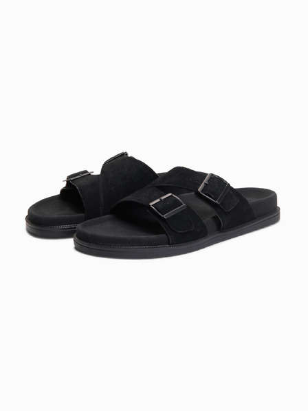 Ombre Clothing Papuci pentru bărbați din piele de căprioară naturală cu catarame reglabile - negru V1 OM-FOSF-0249 Ombre Clothing