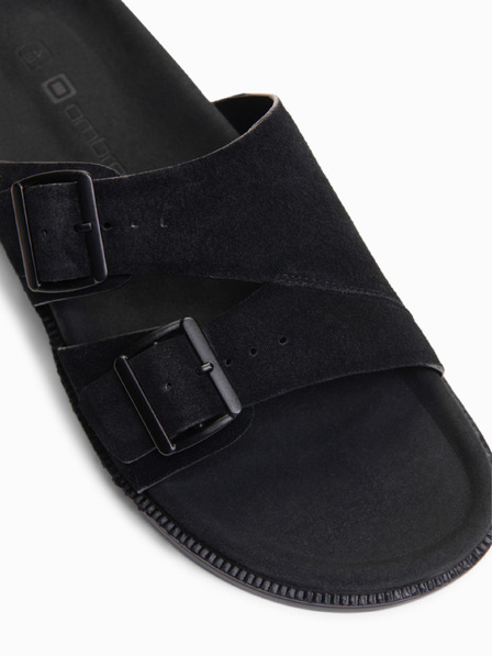 Ombre Clothing Papuci pentru bărbați din piele de căprioară naturală cu catarame reglabile - negru V1 OM-FOSF-0249 Ombre Clothing