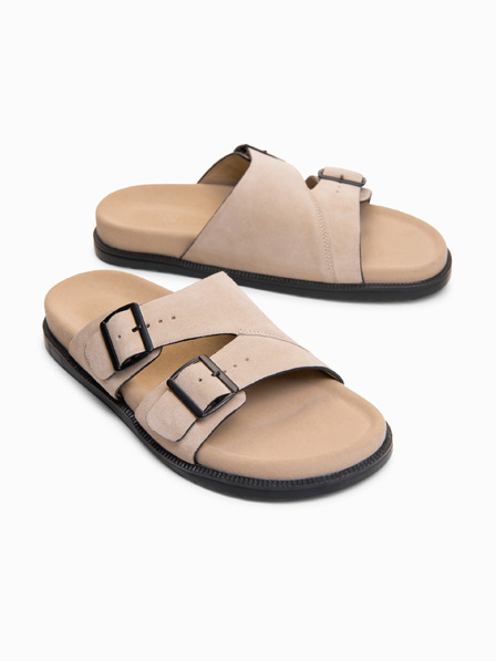 Ombre Clothing Papuci pentru bărbați din piele de căprioară naturală cu catarame reglabile - bej V2 OM-FOSF-0249 Ombre Clothing