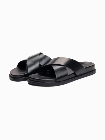 Ombre Clothing Papuci pentru bărbați din piele cu două benzi încrucișate - negru V1 OM-FOSF-0250 Ombre Clothing
