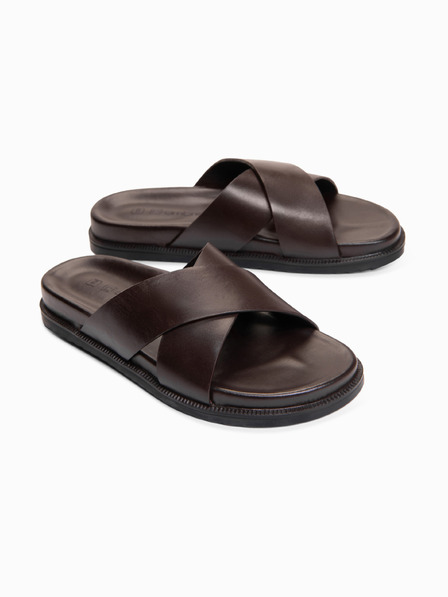 Ombre Clothing Papuci pentru bărbați din piele cu două benzi încrucișate - maro ciocolată V2 OM-FOSF-0250 Ombre Clothing