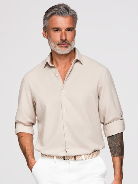Ombre Clothing Cămașă bărbați din viscoză și in, tăietura regular – bej V1 OM-SHCS-0190 Ombre Clothing
