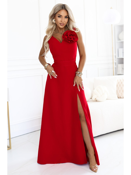 numoco Rochie lungă romantică cu floare pe umăr și spărtură - roșie