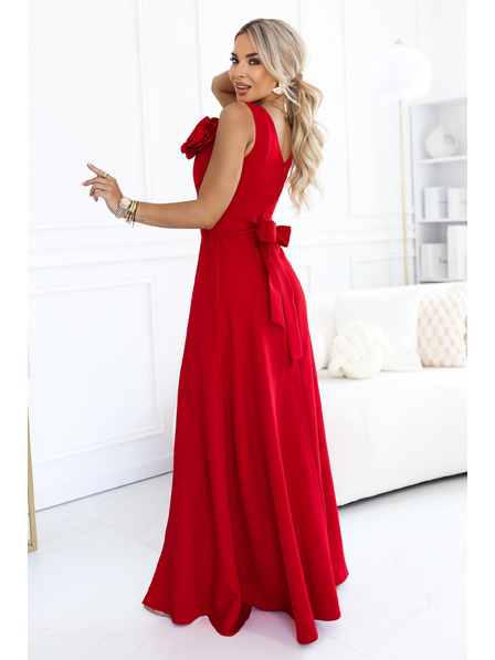 numoco Rochie lungă romantică cu floare pe umăr și spărtură - roșie