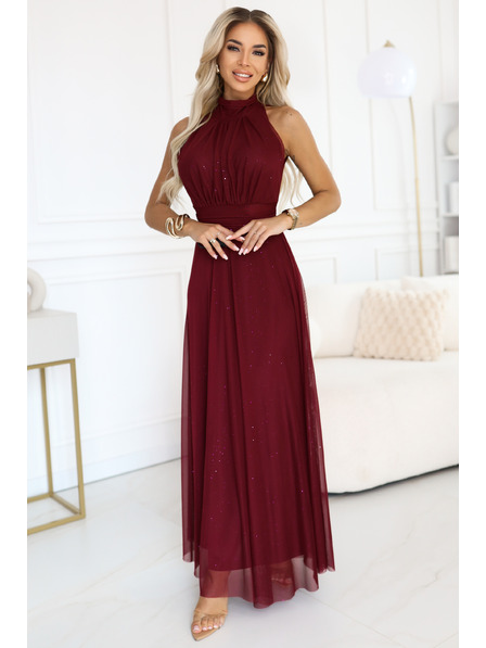 numoco VERONICA rochie lungă de lux cu accent de brocart și croială elegantă - vișiniu