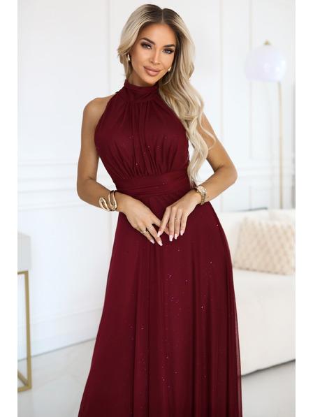 numoco VERONICA rochie lungă de lux cu accent de brocart și croială elegantă - vișiniu