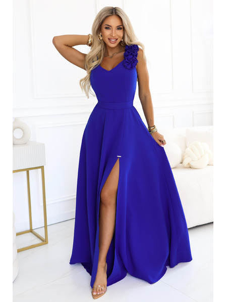 numoco Rochie maxi elegantă de seară cu spărtură și trandafiri - albastru gri