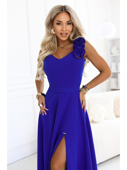 numoco Rochie maxi elegantă de seară cu spărtură și trandafiri - albastru gri