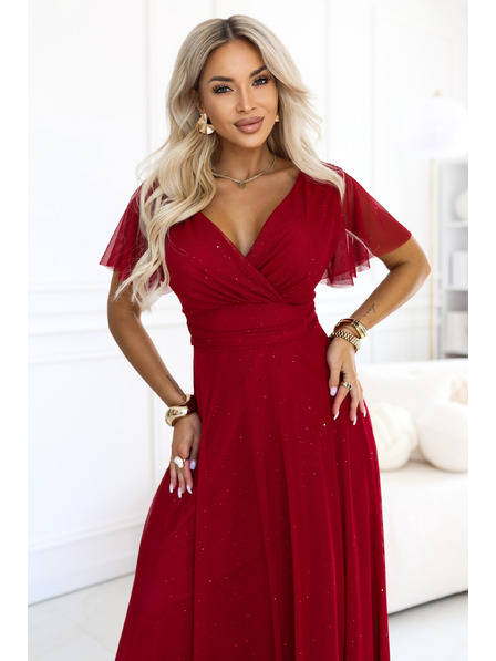 numoco MELANIA Rochie lungă și strălucitoare pentru nuntă cu decupaj și mânecă scurtă - bordeaux deschis