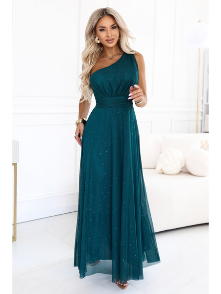 numoco Rochie de seară lungă și strălucitoare pe un singur umăr - verde sticlă