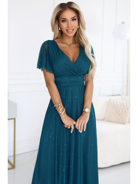 numoco MELANIA rochie lungă strălucitoare cu decolteu și mâneci scurte - verde sticla
