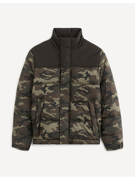 Celio Jachetă de iarnă matlasată cu camuflaj negru și verde pentru bărbați Celio Vuelectron