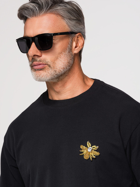 Ombre Clothing Tricou cu croială liberă pentru bărbați cu aplicație albine pe piept – fildeș V1 OM-TSCT-0275 Ombre Clothing