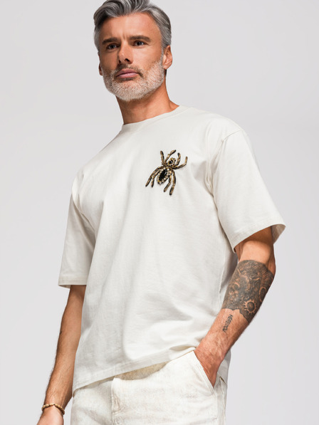 Ombre Clothing Tricou pentru bărbați cu aplicație păianjen din cristale și margele aurii – fildeș V2 OM-TSCT-0277 Ombre Clothing