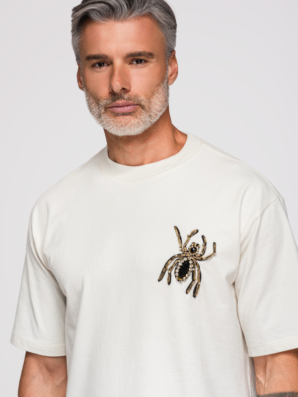 Ombre Clothing Tricou pentru bărbați cu aplicație păianjen din cristale și margele aurii – fildeș V2 OM-TSCT-0277 Ombre Clothing