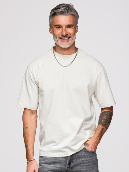 Ombre Clothing Tricou cu croială liberă pentru bărbați cu aplicație pantă argintiu-neagră din paiete și margele pe spate – alb rupt V2 OM-TSCT-0279 Ombre Clothing