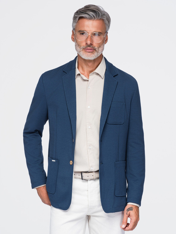 Ombre Clothing Sacou slim pentru bărbați SLIM din jersey cu structură fină – albastru V6 M165 Ombre Clothing