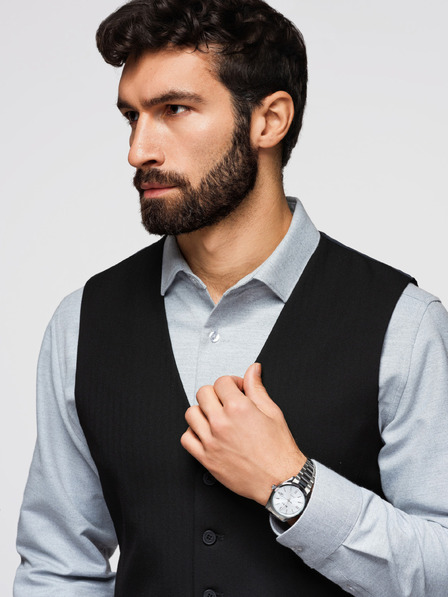 Ombre Clothing Vesta elegantă clasică pentru bărbați cu model în fishbone, croială SLIM FIT – V3, negru V65 Ombre Clothing