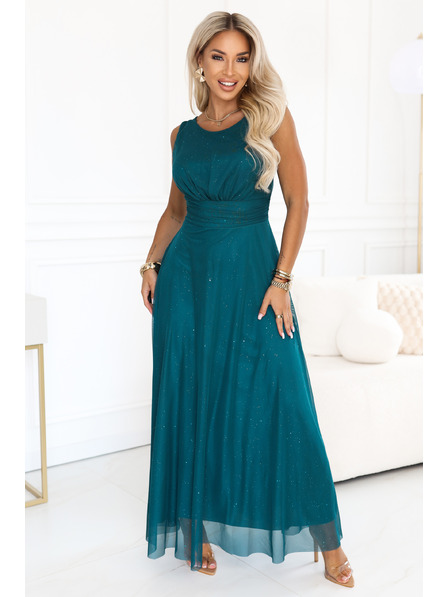 numoco AVELINE Rochie lungă maxi din tul cu paiete și decupaj rotund - verde marin