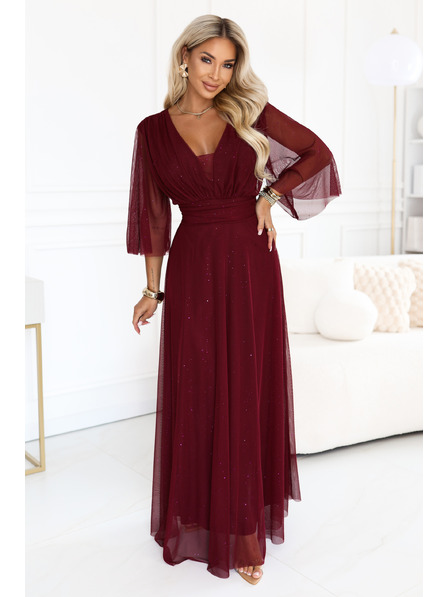 numoco Rochie lungă strălucitoare plus size cu decolteu și mânecă transparentă - bordeaux