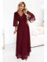 numoco Rochie lungă strălucitoare plus size cu decolteu și mânecă transparentă - bordeaux