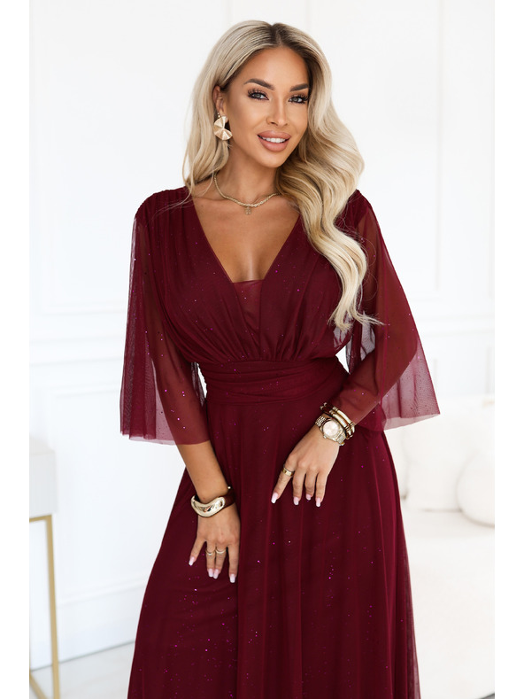 numoco Rochie lungă strălucitoare plus size cu decolteu și mânecă transparentă - bordeaux