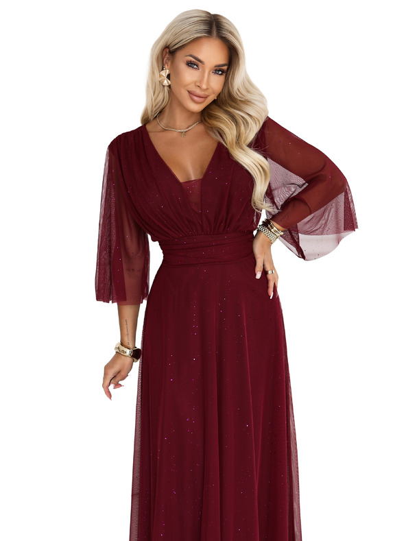 numoco Rochie lungă strălucitoare plus size cu decolteu și mânecă transparentă - bordeaux