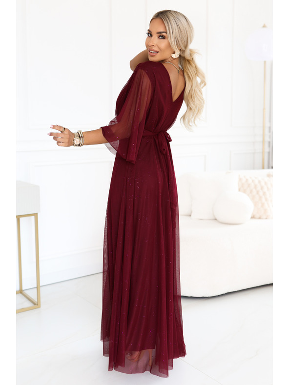 numoco Rochie lungă strălucitoare plus size cu decolteu și mânecă transparentă - bordeaux