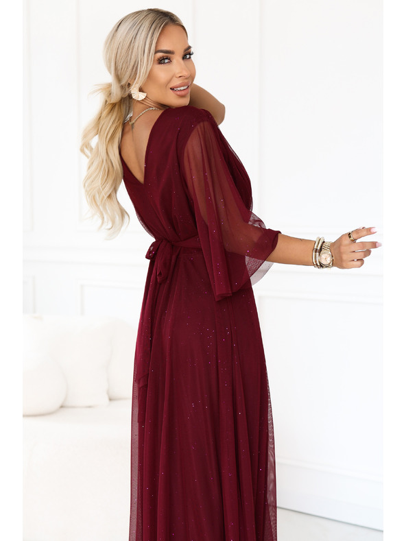 numoco Rochie lungă strălucitoare plus size cu decolteu și mânecă transparentă - bordeaux