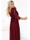 numoco Rochie lungă strălucitoare plus size cu decolteu și mânecă transparentă - bordeaux