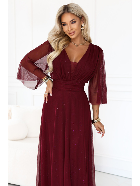 numoco Rochie lungă strălucitoare plus size cu decolteu și mânecă transparentă - bordeaux