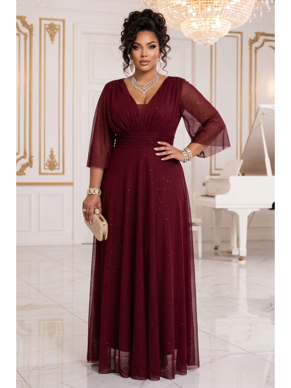 numoco Rochie lungă strălucitoare plus size cu decolteu și mânecă transparentă - bordeaux