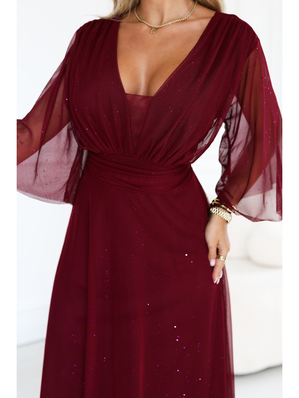 numoco Rochie lungă strălucitoare plus size cu decolteu și mânecă transparentă - bordeaux