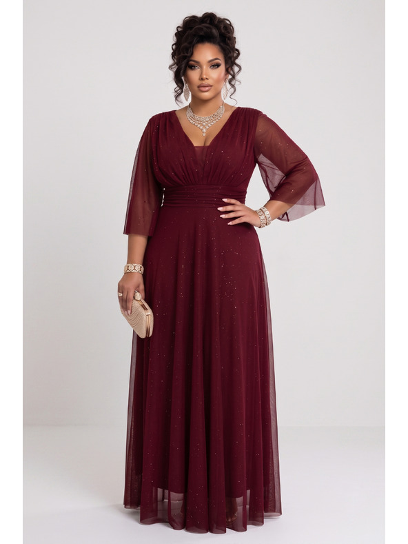 numoco Rochie lungă strălucitoare plus size cu decolteu și mânecă transparentă - bordeaux