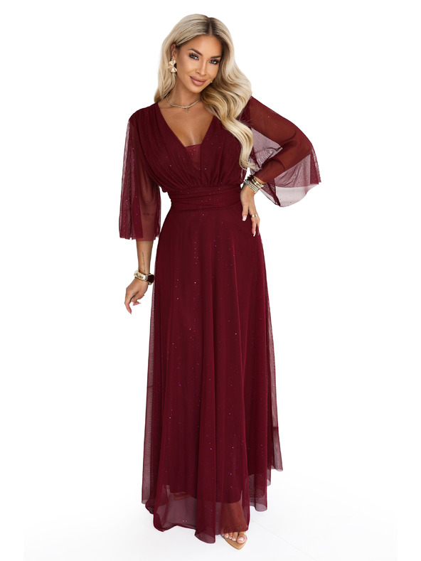 numoco Rochie lungă strălucitoare plus size cu decolteu și mânecă transparentă - bordeaux