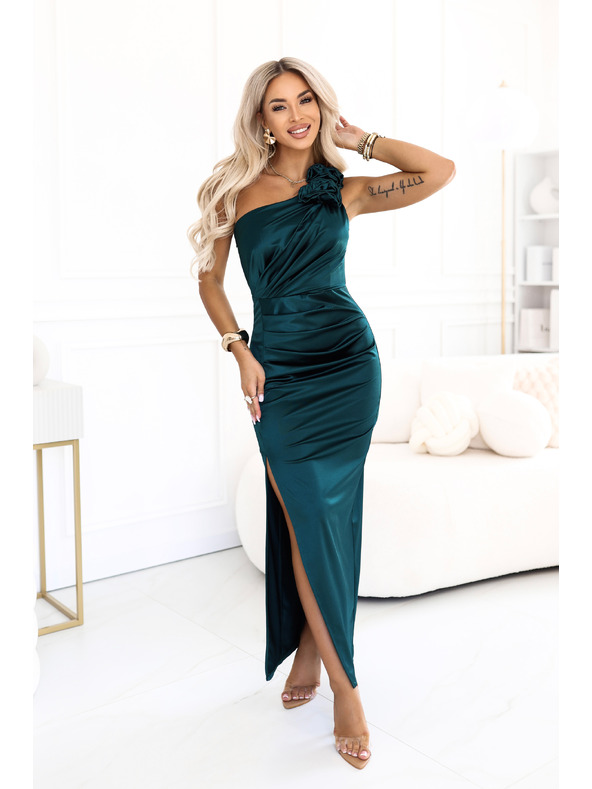 numoco AURORA Rochie lunga satin cu un umar cu trandafiri - verde sticla
