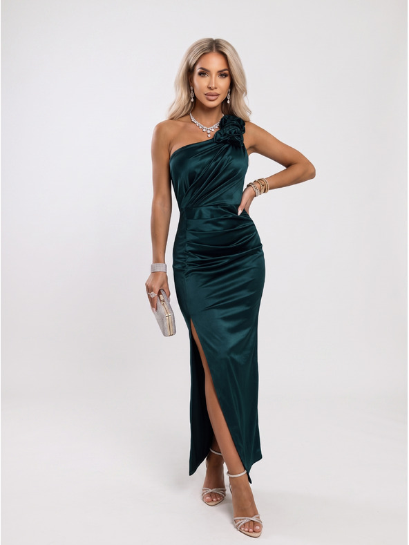 numoco AURORA Rochie lunga satin cu un umar cu trandafiri - verde sticla