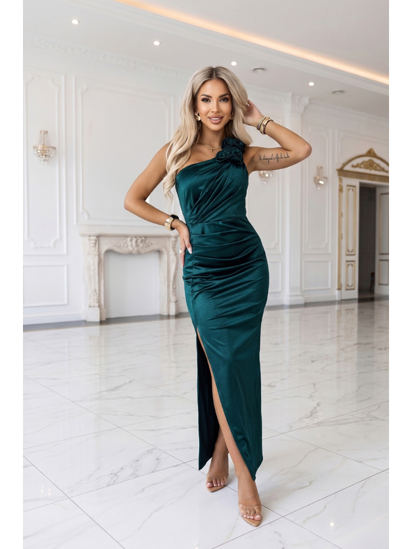 numoco AURORA Rochie lunga satin cu un umar cu trandafiri - verde sticla