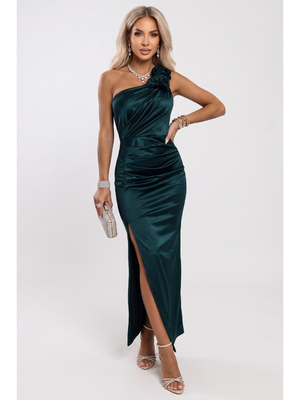 numoco AURORA Rochie lunga satin cu un umar cu trandafiri - verde sticla