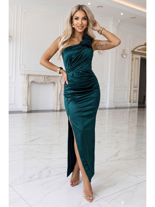 numoco AURORA Rochie lunga satin cu un umar cu trandafiri - verde sticla