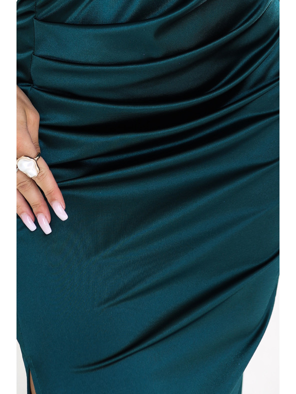 numoco AURORA Rochie lunga satin cu un umar cu trandafiri - verde sticla