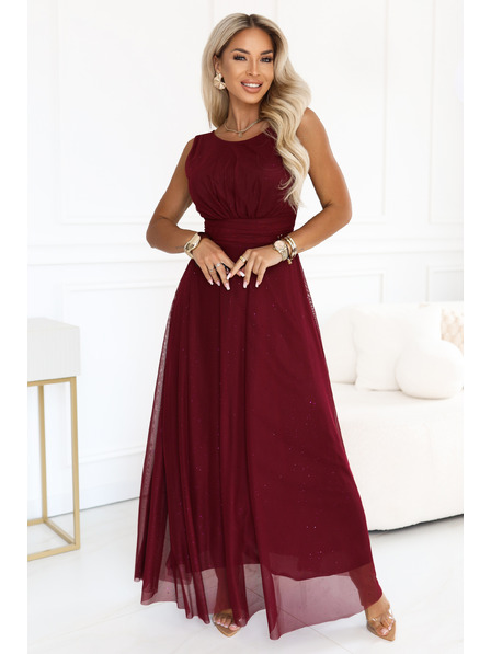 numoco AVELINE Rochie maxi lungă cu tul strălucitor și decolteu rotund - bordeaux