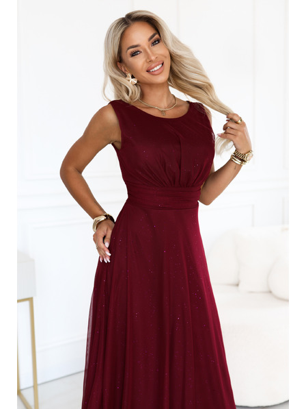 numoco AVELINE Rochie maxi lungă cu tul strălucitor și decolteu rotund - bordeaux