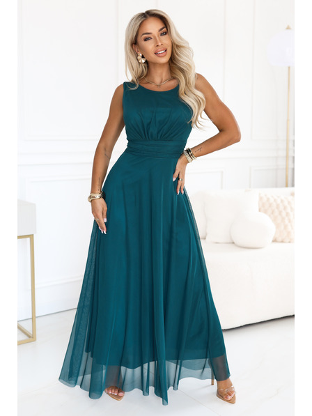 numoco ELIRA Rochie maxi lung din tulle cu decolteu rotund - verde sticlă