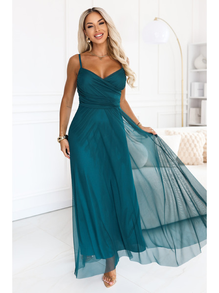 numoco Rochie maxi NILA din tul cu bretele și decolteu înfășurat - verde